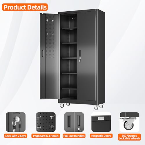 71" Metal Storage Cabinet with Wheels, 5 Adjustable Shelves, Black - color: Black, size: 16"D x 32"W x 71"H