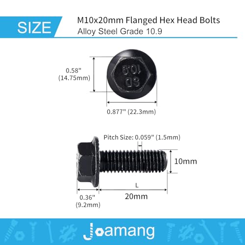 M10 x 20mm 10Pcs Flanged Hex Head Bolts, M10 x 1.5 Bolts, Flange Hexagon Head Screws, 10.9 Grade Alloy Steel, Black Oxide Finish, Metric Fully Thread - size: M10 x 20mm(10PCS)