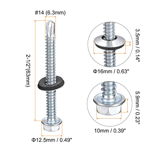 uxcell #14 x 2-1/2" Self Drilling Screws with Rubber Washer, 100pcs Zinc Plated Steel Roofing Screws Hex Head Self Tapping Screws with EPDM Washer for Metal to Metal - size: #14 x 2-1/2"