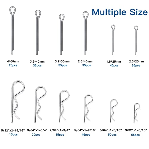 Boatsea 420Pcs Cotter Pin Assortment Kit R Clips Spring Retaining Hair Pins Assortment Kit, Including 6 Sizes 200PCS Cotter Pins and 6 Sizes 220PCS Hairpin Pins, Zinc-Plated - size: 420pcs