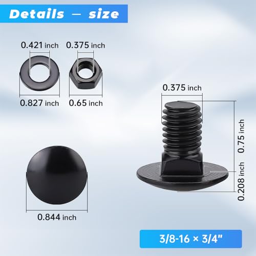 16 Sets 3/8-16 x 3/4" Black Carriage Bolts Screws and Hex Nuts & Flat Washers, 304 Stainless Steel 18-8, Round Head Square Neck, Full Thread Coverage - size: 3/8-16 x 3/4"