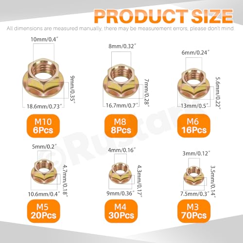 150Pcs 6 Sizes Carbon Steel Serrated Flange Nuts Assortment Kit Metric Hexagon Flange Lock Nuts Yellow Serrated Hex Lock Nuts for Machinery Industry Home Improvement - style: carbon steel-yellow
