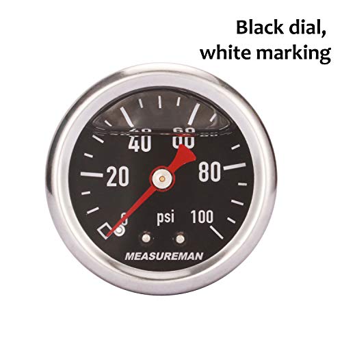 MEASUREMAN 1.5" Black Dial, 304 Stainless Steel case, Liquid Filled Fuel Pressure Gauge, 0-100Psi, -3-2-3%, 1/8" NPT Center Back Mount - size: 0-100 psi, style: Back Mount (Black Dial)