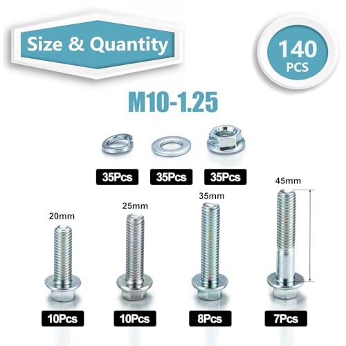 Kadrick 140Pcs Flange Hex Bolts and Nuts Kit,M10 x1.25(M6-1.0 M8 x1.25 Available) (20mm to 45mm) Metric Bolt Assortment,Alloy Steel Class 8.8 Zinc Plated - size: 140Pcs M10 FLANGE HEX Zinc