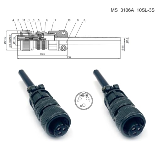MS3106A10SL-3S Industrial Circular Heavy-Duty Connector, MIL-DTL-5015 Series Threaded Connector 3 Pin Contacts Solder Female Straight Plug, 10SL Shell Size for Industrial and Machinery and Equipment - size: MS3106A10SL-3S