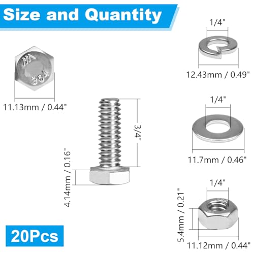 20 Sets 1/4-20 x 3/4" Hex Head Screw Bolt,Nuts,Flat & Lock Washers - size: 1/4-20 x 3/4"