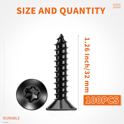100 PCS #10 x 1-1/4" Flat Head Torx/Star Wood Screws, 18-8 (A2) Stainless Steel, Full Threaded & Black Coated for Durability, T25 Drive Bit Included, No.10 X 1.26 Length Multipurpose Screw by TPOHH - size: #10 x 1-1/4 inch