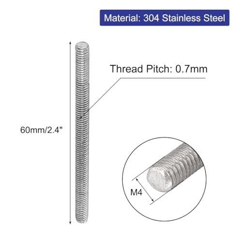 uxcell M4 x 60mm 304 Stainless Steel Fully Threaded Rod Bar Studs Hardware 10 Pcs - size: M4 x 60mm/0.16" x 2.4"