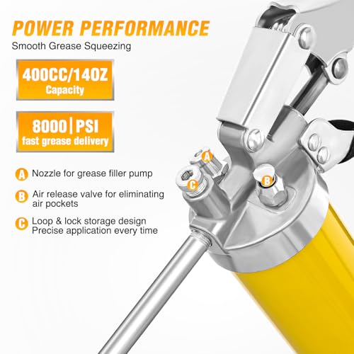 GOOACC Grease Gun 8000 PSI Heavy Duty 14oz Pistol Grip Grease Gun Kit with 18" Spring Flex Hose Sharp Type Nozzle Normal Coupler Rigid Pipe Manual Grease Guns for Greasing Automotive Marine, Yellow - size: Manual 14oz Yellow 7PCS