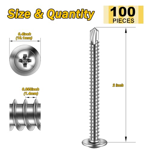 Mywish 100pcs #8×2" Self Tapping Screws for Metal, Sheet Metal Screw 410 Stainless Steel Truss Head Self Drilling Screws High-Strength Quick Tapping Screws - color: Silver, size: #8x2" (100 pcs)