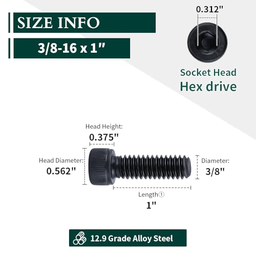 3/8-16 x 1 Socket Head Cap Screws Bolts, 12.9 Grade Alloy Steel, Black Oxide Finish, Allen Hex Drive, Full Thread, 10 PCS - size: 3/8-16 x 1"