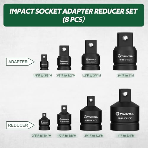 8 Pcs Impact Socket Adapter & Reducer Set, CR-MO, 1/4", 3/8", 1/2", 3/4", 1" Drive Socket Adapter Set with Blow Molded Case for Mechanic, Industrial Repair, Socket, Wrench, Driver Conversions