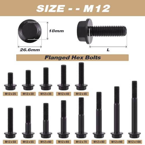M12-1.75 x 30mm (8 pcs) Flanged Hex Bolt Screws Black Oxide Finish, 10.9 Grade Alloy Steel, Large Flange Washer Head Bolt, DIN6921/GB5789, Full Thread - size: M12-1.75 x 30mm
