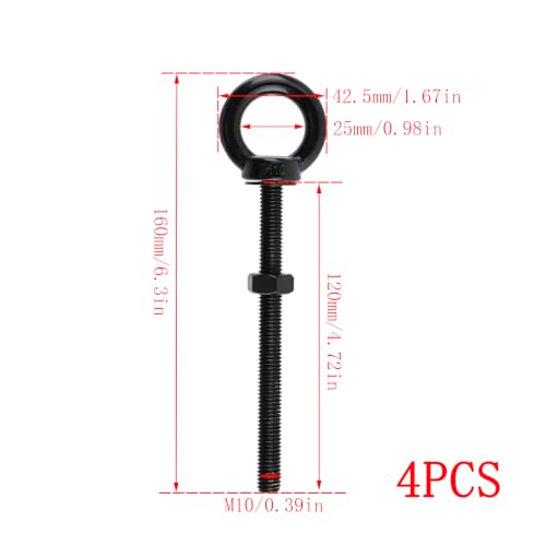 Dnyta 4 Pcs Black M10 Stainless Steel Eye Bolt with Shoulder, M10x120mm - size: M10x120mm(3/8"x4-3/4")