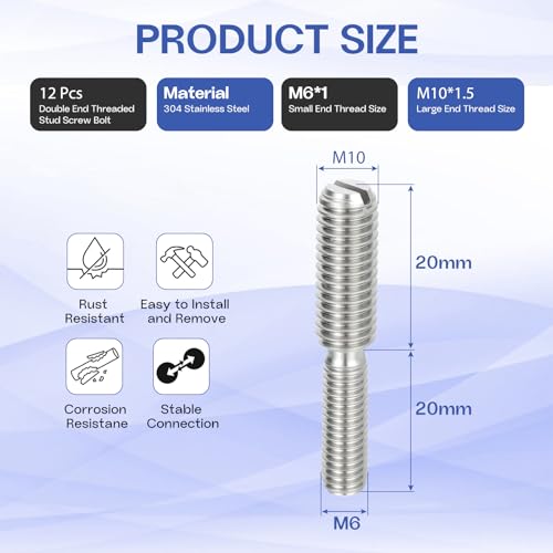 M6x20mm to M10x20mm Double End Threaded Stud Screw Reducing Bolt,304 Stainless Steel Thread Reducer Adapter for Furniture Fastener Welding, Hardware Connectors 12 Pack - size: M6x20mm to M10x20mm