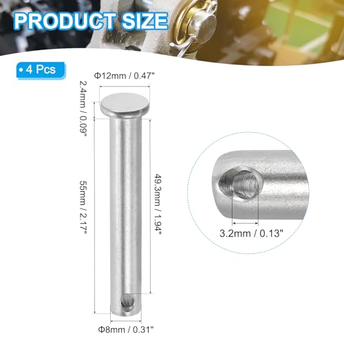 PATIKIL 8 x 55 mm Single Hole Clevis Pins, 4 Pcs 304 Stainless Steel Flat Head Pin for Hitch Pin Lock Link Hinge Systems, Silver - size: 8 x 55 x 49.3 mm