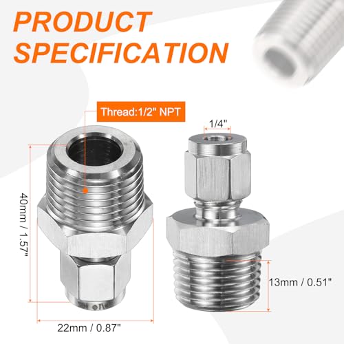 HARFINGTON 2pcs Compression Fittings 1/4" Tube OD x 1/2" NPT Male Thread Stainless Steel Straight Coupler Adapter Compression Tube Pipe Fittings Connector for Oil Gas Water - size: 1/4" OD x 1/2" NPT