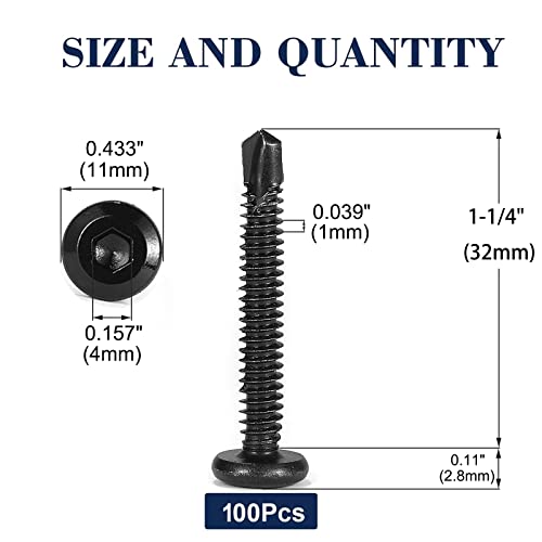 #12 x 1-1/4" Sheet Metal Screws 100Pcs 410 Stainless Steel Flat Head Socket Cap, Tek Allen Socket Drive Self Tapping Black Oxide by SG TZH - size: #12 x 1-1/4"