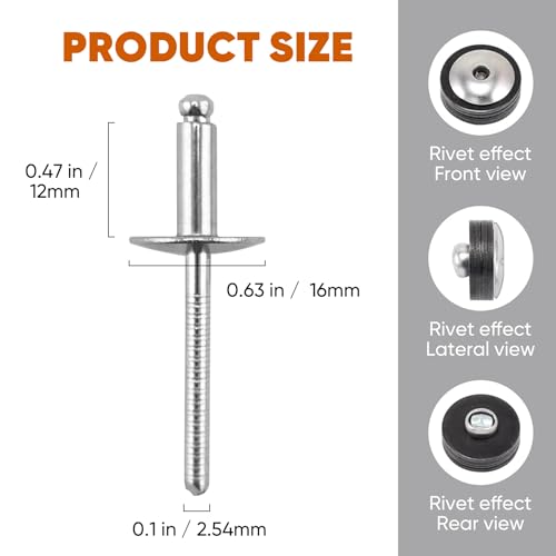 100pcs All Stainless Steel Large Flange Blind Rivets, 3/16 * 1/2" Open End Stainless Steel Pop Rivet, 4.8 * 12 - color: Stainless Steel, size: 3/16"*1/2"