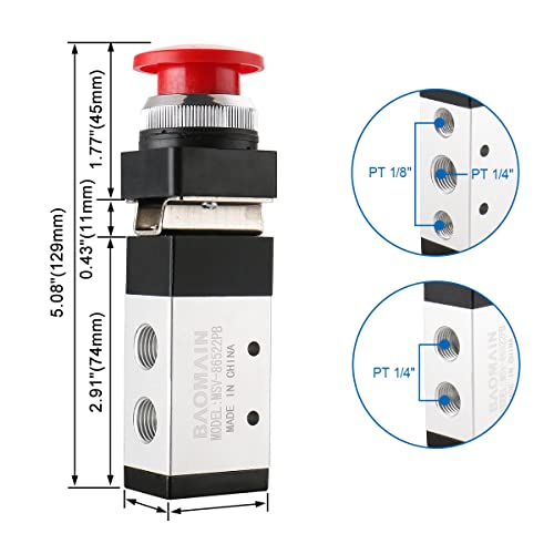 Baomain Pneumatic Mechanical Valve MSV-86522PB 1/4"PT 2 Position 5 Way Momentary Mushroom Button - size: Red Mushroom (5-Way)