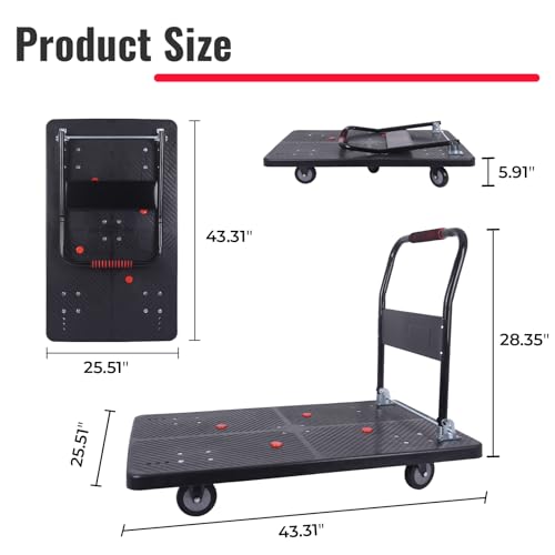 1320lbs Foldable Platform Truck Dolly with Swivel Wheels, Heavy Duty Moving Platform Hand Truck, Moving Flatbed Cart Push Cart Platform Dolly Cart for Groceries, Warehouse(43.31" x 25.51" Black) - color: Black
