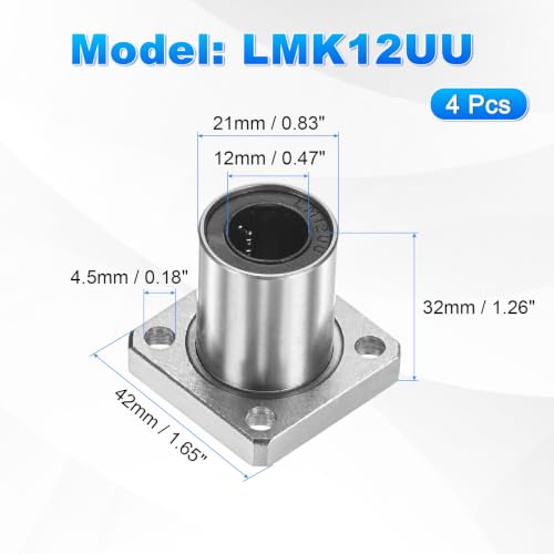 PATIKIL LMK12UU Linear Ball Bearings 12mm Bore Dia 21mm OD 32mm Long 4.5mm Hole, 4Pcs Round Flange Linear Motion Bushing Double Side Rubber Sealed Rod Liner Shaft for Machine 3D Printer - size: 12mm
