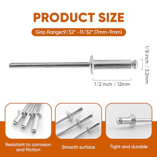 ALLCLEAN 200 Pcs 1/8" x 1/2" Aluminum Blind Rivets,3.2 x 12mm Pop Rivets,Aluminum Grip and Steel Mandrel - color: Aluminum, size: 1/8"x1/2"