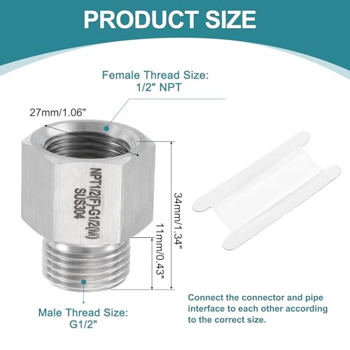 uxcell Pipe Fitting Reducing Adapter, G1/2" Male x 1/2" NPT Female 304 Stainless Steel Reducer Connector for Water Oil Air Pressure Gauge, Silver - size: G1/2" x 1/2" NPT