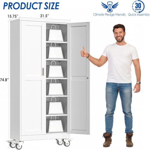 GAIOUS Metal Garage Storage Cabinet with Lock, Steel Tool Cabinet with 2 Doors and 5 Adjustable Shelves, 75” Tall Lockable File Cabinet with Wheels, Organization for Home Office Garage Gym - White - color: White, size: 15.75"D x 31.5"W x 74.8"H