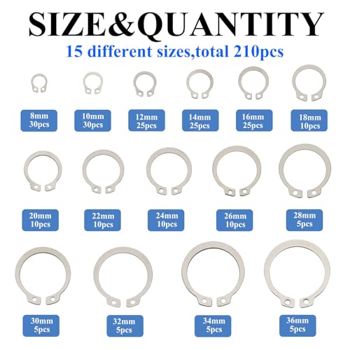 210Pcs 304 Stainless Steel 8mm - 36mm External C-Clips Shaft Circlip Retaining Snap Ring Assortment Set