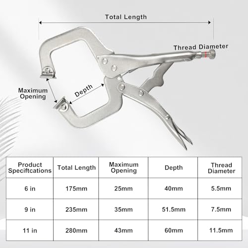 CNQLIS 4 Packs 6", 9", 11" Large C Clamp Locking Pliers with Swivel Pads - size: 6"+ 9"+ 11"