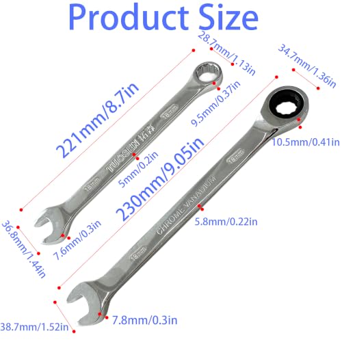 2PCS 18mm Metric Ratcheting Combination Wrench Set, 72-Tooth Industrial Grade Chrome Vanadium Steel Gear Spanner with 12-Point Box End Design for Professional Mechanics - size: 18mm