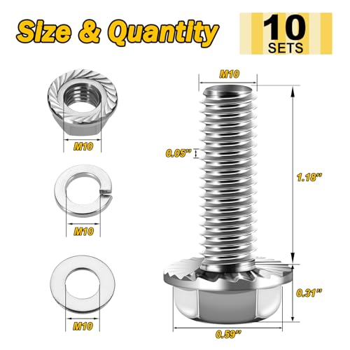 M10 x 30mm (10 Sets) M10x1.5 Bolt Flanged Hex Head Nuts and Bolts, M10 Flange Hexagon Screws with Nuts and Washers, 304 Stainless Steel 18-8 Metric Bolt Assortment, DIN 6921, by Mywish - color: Silver-M10, size: 30mm