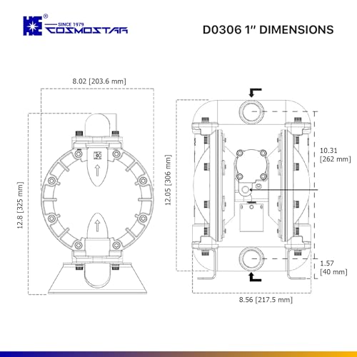 COSMOSTAR D0306 1" Stainless Steel Double Air Diaphragm Pump, Aluminum Body, Teflon Ball, seat and Diaphragm, Pump Muffler, Pump, Chemical Pump, Waste Oil Pump, Pneumatic Oil Pump, Diaphragm Pumps - size: D0306 1" Stainless Steel