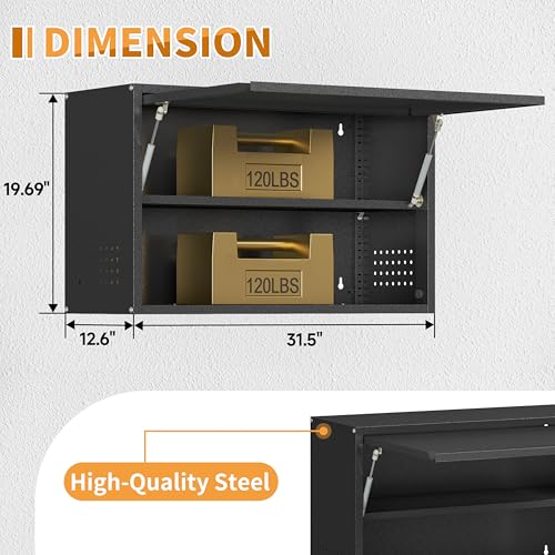 Metal Garage Wall Cabinet with Up-Flip Door, Black Float Tool Cabenit with Adjustable Shelf,Upper Storage Cabinets with Pegboard for Kitchen,Garage,Workshop,Warehouse (19.7" H,Black) - color: Black, size: 19.7"H Wall Cabinet(1-Door)