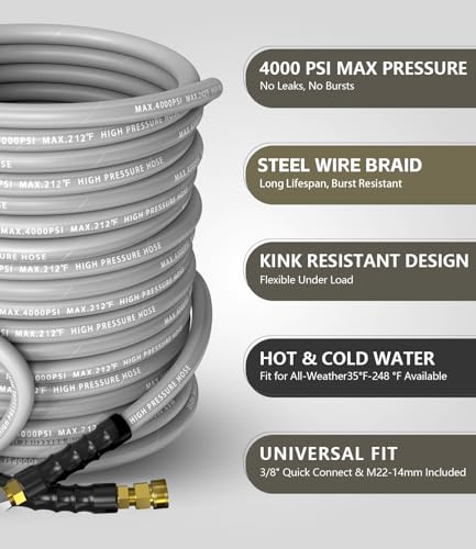 Pressure Washer Hose 50FT with 3/8'' Quick Connect, 4200 PSI - color: Gray, size: 50FT