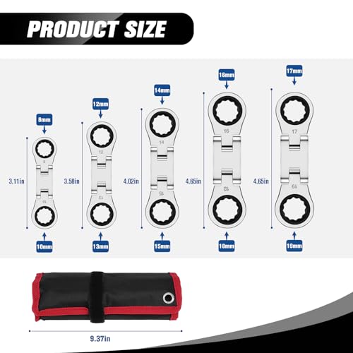 LOSCHEN 5-Piece Flex-Head Stubby Ratcheting Combination Wrench Set, Mini Wrench Set, Double Box End Flex-Head, Mini Spanner Set, Metric 8 10 12 13 14 15 16 17 18 19mm, 72-Teeth, CR-V Steel - size: Metric