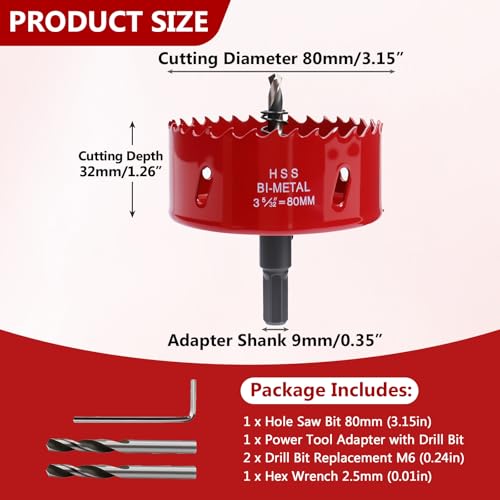 3.15 Inches/80mm Bi-Metal Hole Saw with Pilot Bit & Arbor - color: Red, size: 3.15 inches