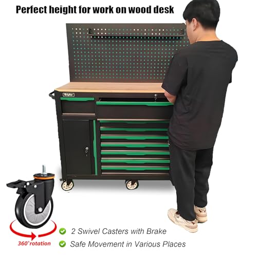 13-Drawers Rolling Tool Cabinet with Wood Workbench,Pegboard,60.6W x 22.7D x 66.1H inch,Heavy-Duty Steel Tool Storage,Lock & Key for Home,Garbge or Workshop Use(13 Drawer + 348 Pieces Tools)
