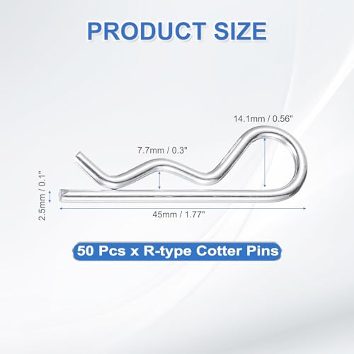 50pcs Heavy Duty Hitch Pin Clip R Clips (M2.5 x 45mm) - Spring Retaining Wire Cotter Hair Pins, for Trailer Locking Lawn Mowers Tractor Carts Truck - size: M2.5x45mm