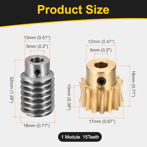 uxcell Worm Gear Set Right Rotation 15T 1 Module 15:1 Reduction Rate - size: Gear-5mm, Worm-5mm Bore, style: 1M-15T