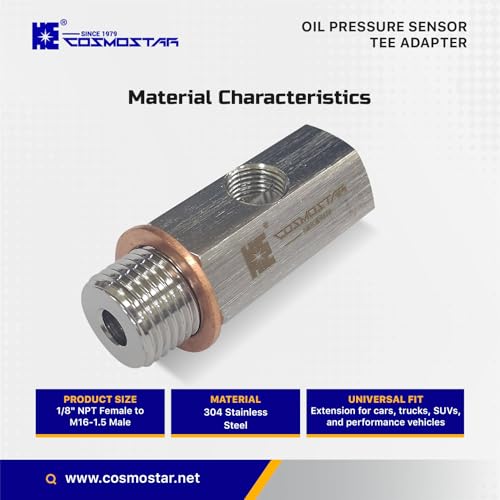 Cosmostar Stainless Steel M16-1.5 Male to 1/8" NPT Tee Oil Pressure Sensor Adapter – Heavy-Duty 304 SS Fitting for Oil Pressure Gauge, Turbo Supply Feed Line, & Pressure Switch(OPTM16N02) - size: M16x1.5 - M16x1.5 -1/8 NPT