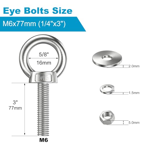 2 Pack M6 Stainless Steel Eye Bolts with Nuts and Washers, 1/4" x 3" Long Lifting Ring Eye Bolt, Heavy Duty Marine Grade 304 Eyebolts for Outdoor String Light Hanging, Tie Down Anchors - size: M6x77mm (1/4"x3")
