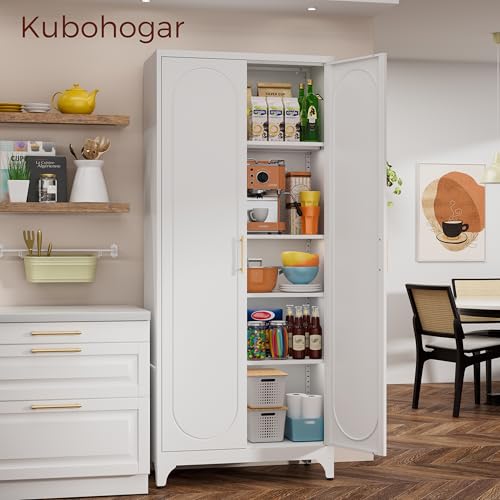75" Tall White Storage Cabinet with Doors & 4 Adjustable Shelves - color: White, size: 75"H-Arch