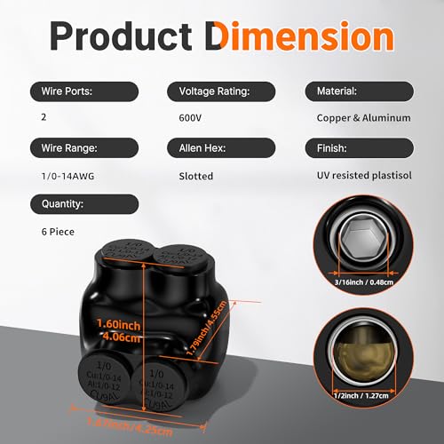 Joinfworld 2 Port Insulated Multi Tap Connector 1/0-14 AWG Aluminum to Copper Wire Connectors Single Side Entry Black Electrical Cable Connectors with Slotted Allen Hex - 6 Pack - color: 1/0-14 AWG(6pcs)