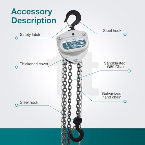 TOYO Chain Hoist 2200Lb,10ft Manual Chain Block Hoist 1ton Chain Fall 3M Come Along Hand Chain Hoist 2 Heavy Duty Hooks Industrial Grade Steel for Warehouse Automotive Construction Building - size: 1 Ton 10FT