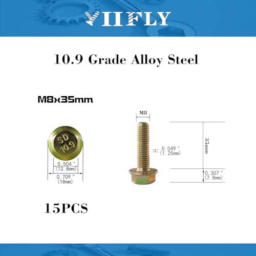 M8 x 35mm Flanged Hex Head Bolts, M8x1.25 Pitch, Grade 10.9 Alloy Steel, Color Zinc Plated, Full Thread, 15 Pack - size: M8 x 35mm(15PCS)