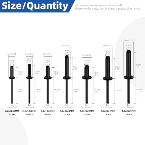Glarks 130pcs 7 Sizes Balck Aluminum Blind Rivets, Aluminum Grip Steel Mandrel Pop Rivet, Pop Rivets Assortment Kit, Large Flange Rivets for Metal, Furniture, Automotive - color: Black