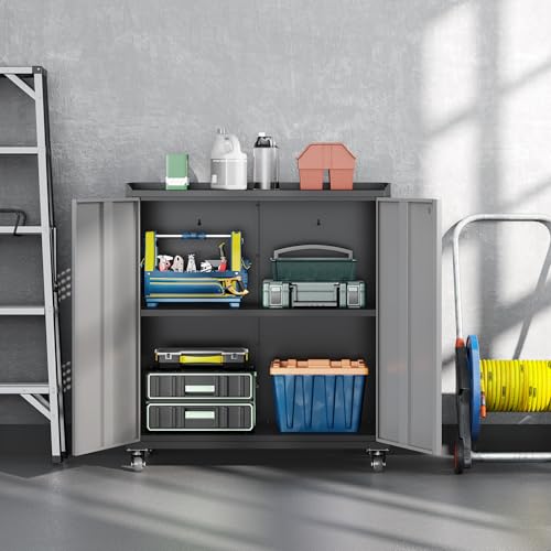 Metal Garage Storage Cabinet with Wheels, Adjustable Rolling Tool Storage Cabinet with Lock, 34" Steel Locking Tool Cabinet with Doors and Shelves for Garage, Warehouse (Black&Gray, 34.3" H) - color: Black&gray, size: 34.3"H Tool Cabinet(2-Door)
