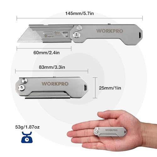 WORKPRO 2PCS EDC Folding Utility Knife, Mini Box Cutter with Quick Open Axis Lock, Quick Change Blade Razor Knife, Foldable Small Pocket Knife with Belt Clip, 2 Packs with 10 Extra Blades - color: Silver